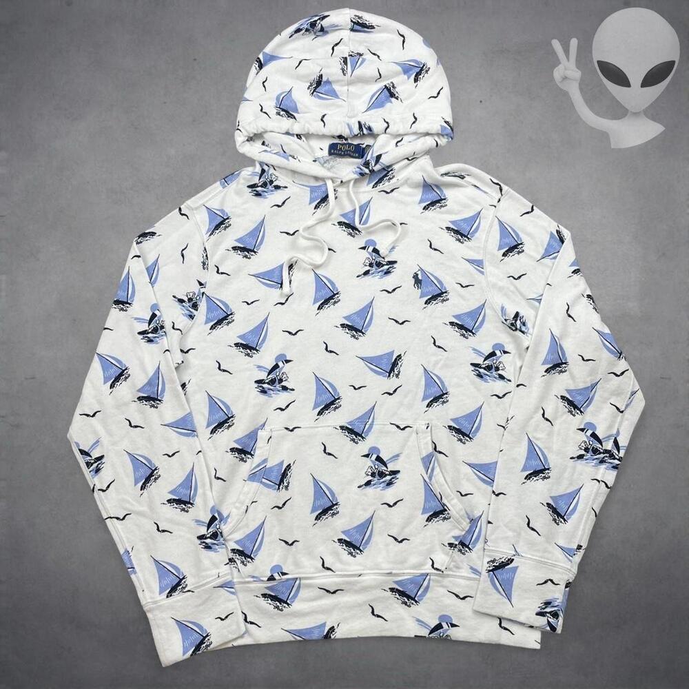 Polo Ralph Lauren Hoodie Small White Blue Sailboat Bear Print Lightweight